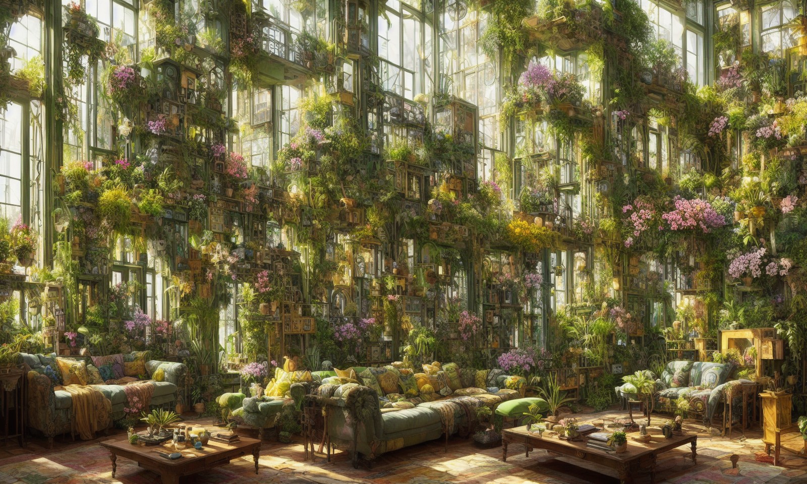布满植物的温室花房客厅